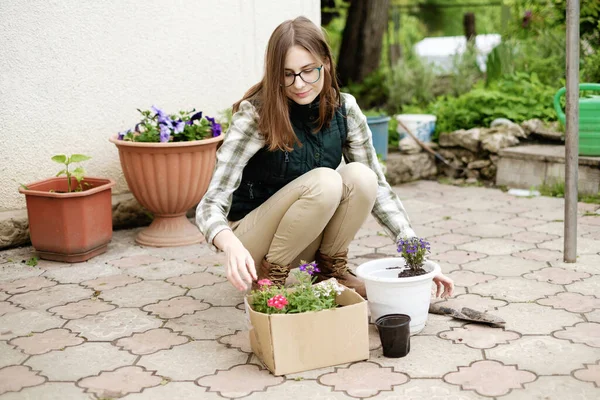 Woman Transplants Flowers Flowerpots Her House Garden — стоковое фото