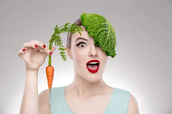 Portrait Woman Illustrating Vegan Concept Holding Carrots Cabbage Head — Stock Photo, Image