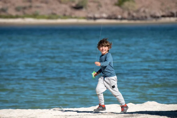 Bir Çocuk Baja Kumsalda Uçurtma Uçuruyor — Stok fotoğraf