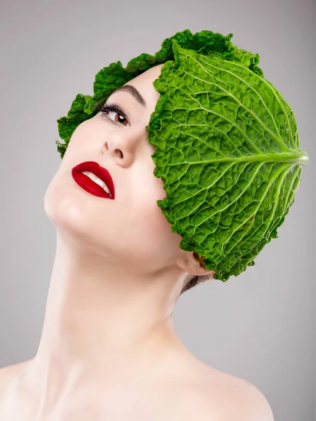 Portrait Woman Illustrating Vegan Concept Cabbage Head — Stock Photo, Image