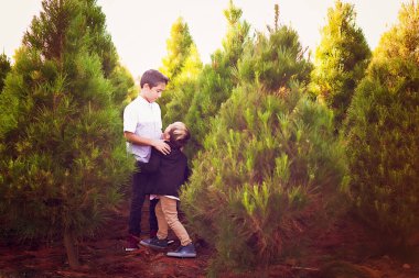 Noel ağacı çiftliğinde birbiriyle konuşan iki çocuk.