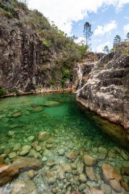 Beautiful view to crystal clear water and green pool on river in Peneda Geres National Park, Portugal clipart
