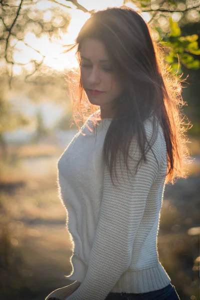 Όμορφο Κορίτσι Μακριά Καστανά Μαλλιά Ένα Πίσω Φως Στο Ηλιοβασίλεμα — Φωτογραφία Αρχείου