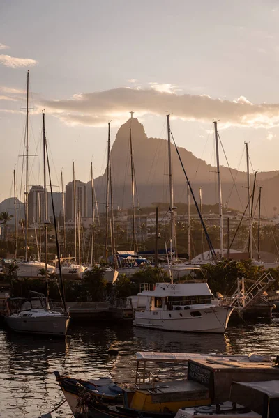 Bela Vista Para Corcovado Montanha Atrás Mastros Veleiro Rio Janeiro — Fotografia de Stock