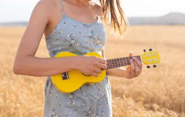 Junge Frau Spielt Bei Sonnenuntergang Auf Einem Getreidefeld Eine Gelbe — Stockfoto