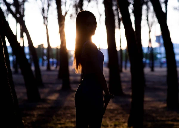 Attractive Young Woman Lonely Forest Sunset — стоковое фото
