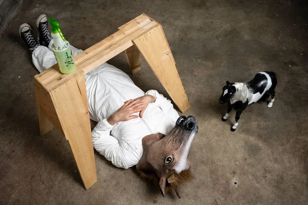 Adulto Vestindo Terno Tyvek Branco Máscara Cavalo Coloca Plana Nas — Fotografia de Stock