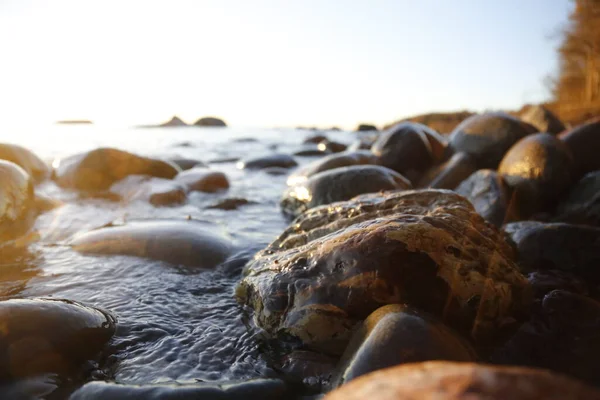Closeup Photo Sea Waves Braking Wet Seashore Stones Summer Sunset — Stock Photo, Image