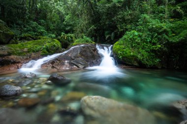 Vahşi yeşil arazi üzerinde mavi kristal berrak su havuzu olan güzel Atlantik yağmur ormanı nehri, Serrinha do Alambari, Serra da Mantiqueira, Rio de Janeiro, Brezilya
