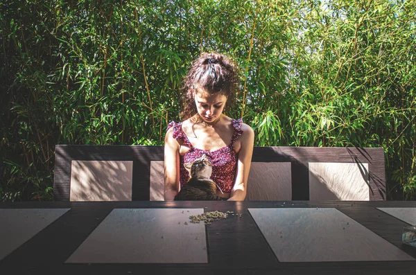 Young Girl Sitting Playing Her Cat Outdoor — Stockfoto