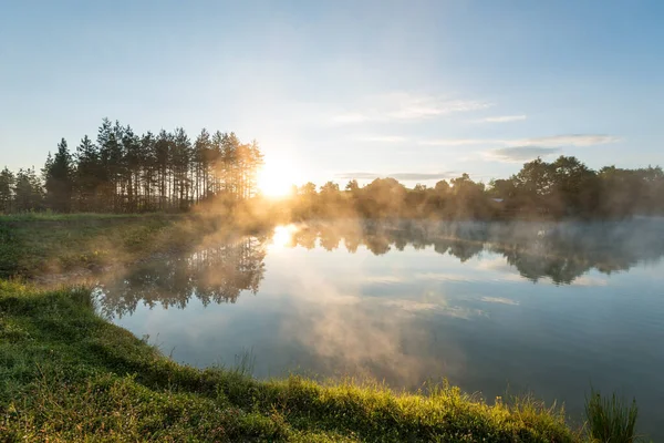 森の湖で朝の霧 日の出ショット — ストック写真