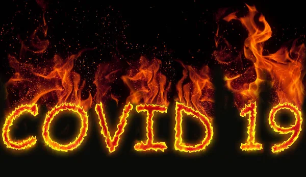 Designation Covid Virus Burning Letters Black Background — Stock Photo, Image