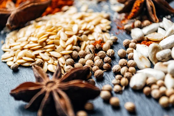 Spices Seeds Wooden Background — Stock Photo, Image