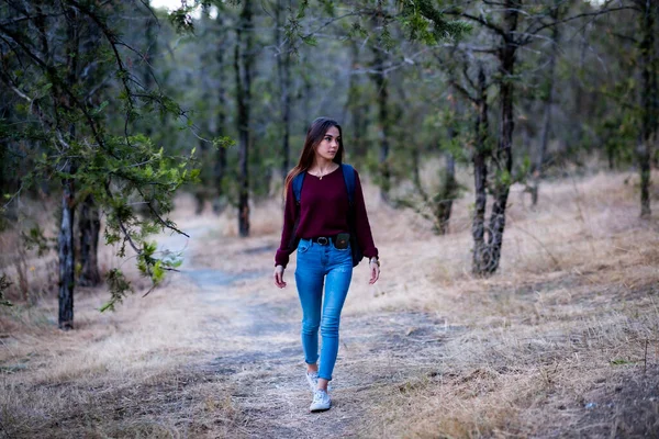 Attractive Young Woman Lonely Forest Sunset — Foto Stock