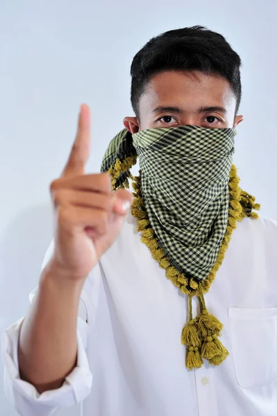 Joven Hombre Musulmán Asiático Guapo Usando Serbán Keffiyeh Cubierta Cara — Foto de Stock