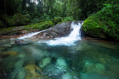 Vahşi yeşil arazi üzerinde mavi kristal berrak su havuzu olan güzel Atlantik yağmur ormanı nehri, Serrinha do Alambari, Serra da Mantiqueira, Rio de Janeiro, Brezilya