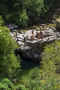 Portekiz 'deki Peneda Geres Ulusal Parkı' ndaki yeşil nehir havuzu ve ağaçlara güzel manzara
