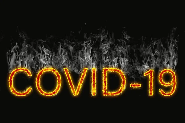 Designation Covid Virus Burning Letters Black Background Smoke — Stock Photo, Image
