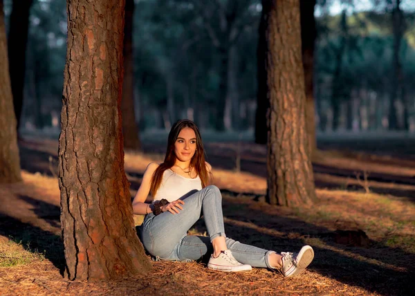 Приваблива Молода Жінка Самотньому Лісі Заході Сонця — стокове фото