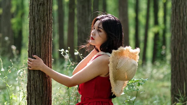 Beautiful Chinese Woman Red Dress Relaxing Summer Forest — стокове фото