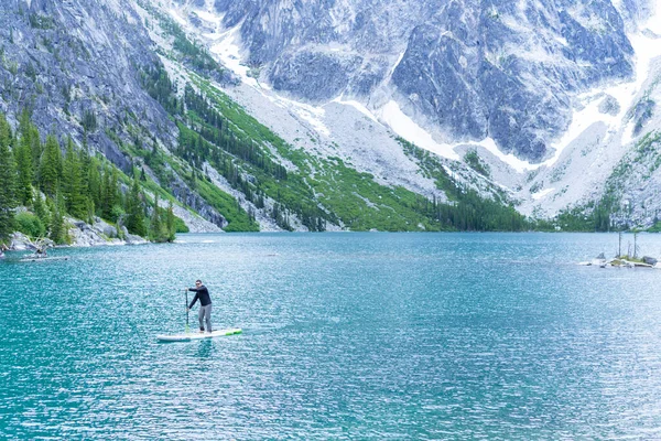 Beautiful Young Woman Blue Jacket White Kayak Lake — Stock Fotó