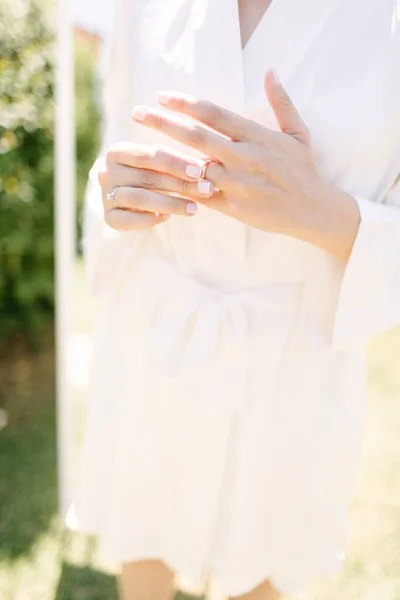 Bride Hands Wedding Veil Blurred Background — Foto Stock