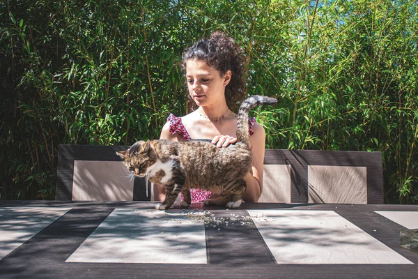 小女孩坐在外面和她的猫玩耍 — 图库照片