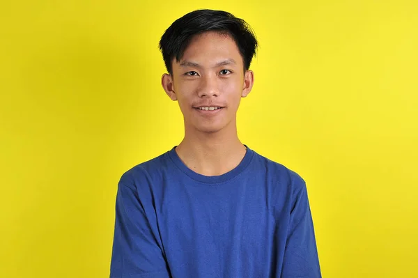 Portrait Happy Young Asian Man Smiling Front Camera Isolated Yellow — Stock Photo, Image