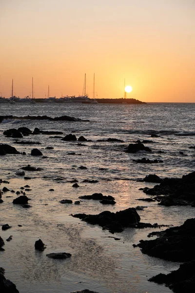 Une Vue Une Mouette Survolant Coucher Soleil Spectaculaire Dans Port — Photo