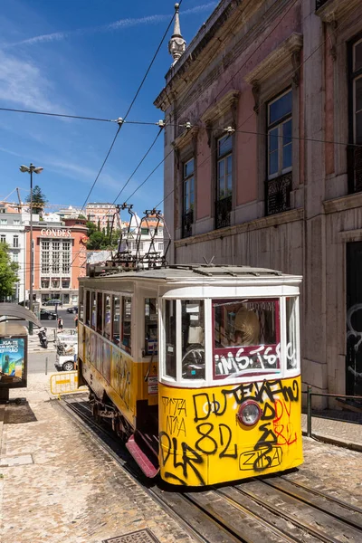 Hermosa Vista Antiguo Tranvía Eléctrico Histórico Ascensor Edificios Centro Lisboa — Foto de Stock