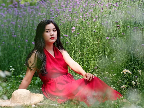 Portrait Young Chinese Girl Red Dress Verbena Flowers Field — Fotografia de Stock