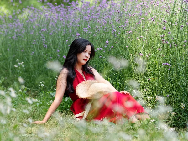 Portrait Young Chinese Girl Red Dress Verbena Flowers Field — Foto Stock