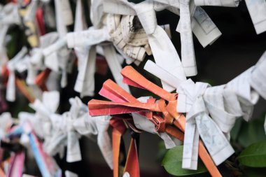 Tokyo, Japonya 'da yerel bir tapınakta katlanmış O-mikuji (servet)