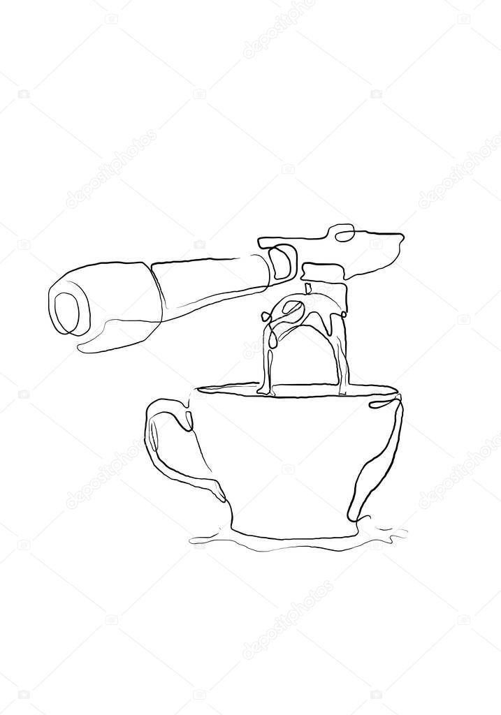 Continuous one line drawing of cup of coffee and machine. line cafe illustration. Hot drink coffee or tea with beautiful cup and stream smoke drawing food and drink breakfast. 