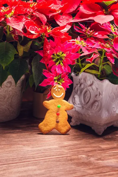 Galletas Jengibre Con Una Cinta Roja Sobre Fondo Madera —  Fotos de Stock