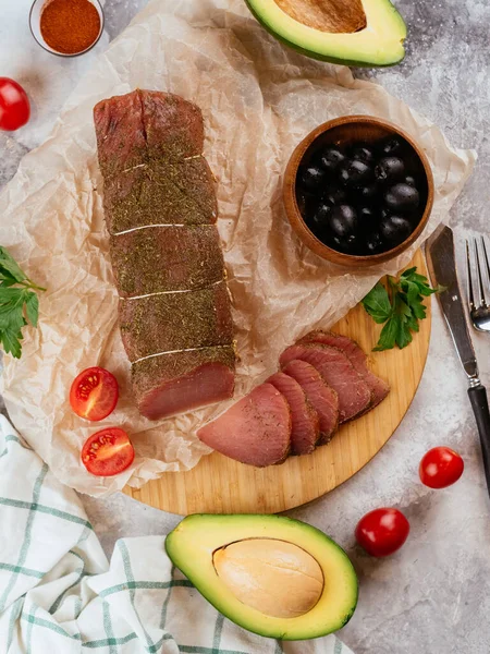 parchment pastrami with olives and avocado