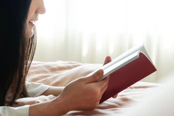 World Book Day Woman Lay Bed Reading Blank Book — Stock Photo, Image