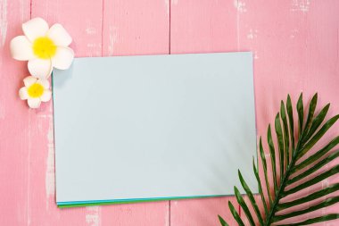 Güzel bir yaz tatili, plaj aksesuarları, çiçek ve palmiye yaprakları fotokopi alanı için.