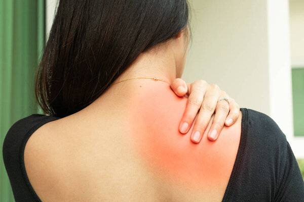 young women neck and shoulder pain injury, healthcare and medical concept