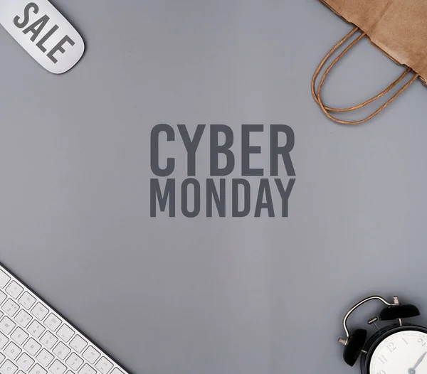 Cyber Monday Sale Gray Background Workspace Shopping Bag — Stock Photo, Image