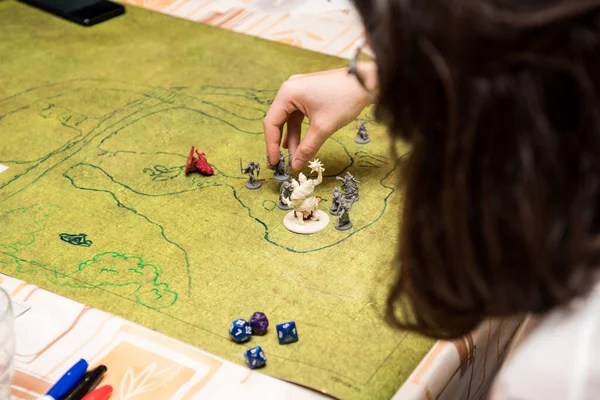 Girl Glasses Playing Role Game Dungeons Dragons Miniatures Dices Green — Stock Photo, Image