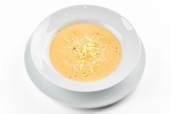 Käsesuppe Einem Weißen Teller Auf Weißem Hintergrund — Stockfoto