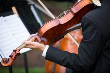 Violinist in Formal Attire Playing at Outdoor Event with Sheet M