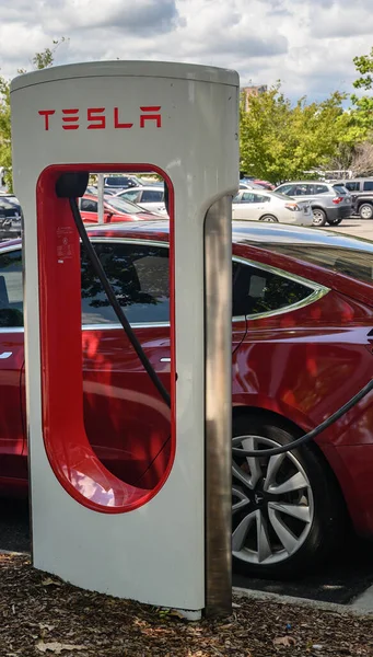 A Tesla EV charging station in a parking lot.