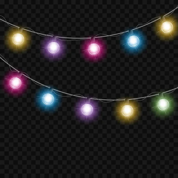 Festive garland lights on transparent background. Design element for Christmas greeting card, invitation or advertising poster. Vector Illustration