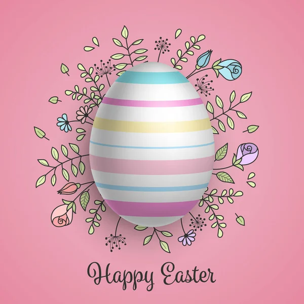 Realistic decorated easter egg and hand drawn floral pattern on turquoise background. Greeting card or invitation template