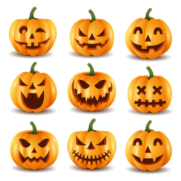 Conjunto Abóboras Halloween Engraçado Faces Vector Ilustração — Vetor de Stock