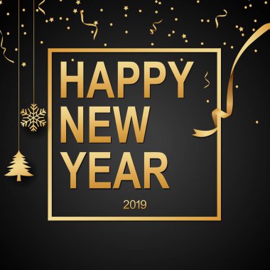 Mutlu yeni yıl 2019 siyah arka plan ile altın konfeti .vector illüstrasyon
