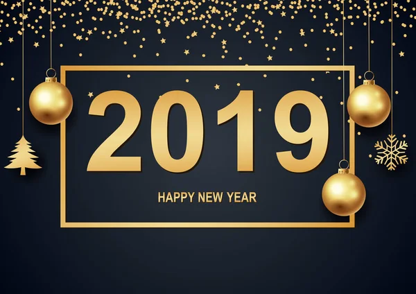 Mutlu yeni yıl 2019 siyah arka plan ile altın konfeti .vector illüstrasyon
