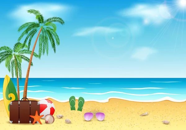 Sommer Meer Strand Und Kokosnussbaum Mit Blauem Himmel Hintergrund Vektorillustration — Stockvektor
